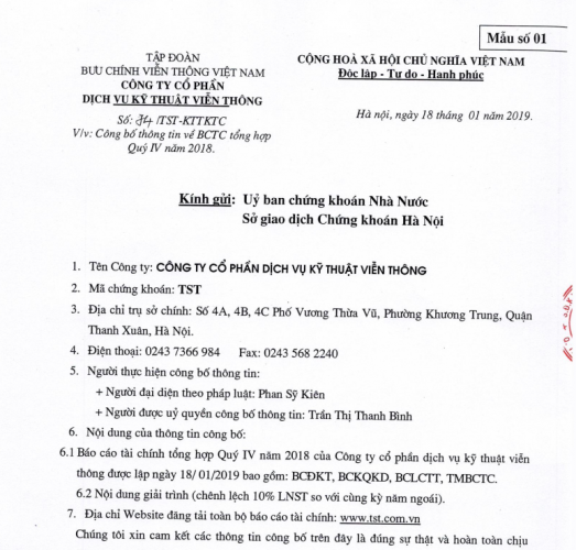 Báo cáo tài chính Tổng hợp và Hợp nhất quý 4 năm 2018