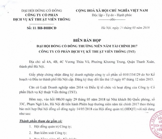 Biên bản họp ĐHĐCĐ TN năm tài chính 2017