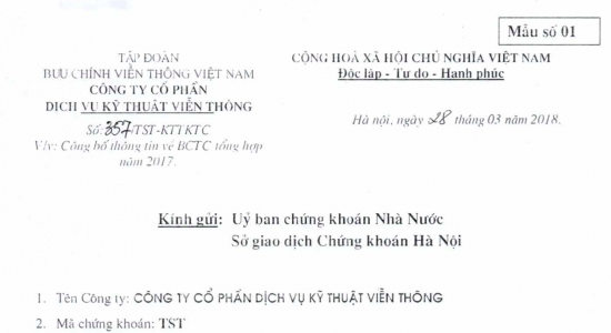 Công văn số 357/TST-KTTKTC ngày 28/03/2018 kèm theo BCTC tổng hợp năm 2017