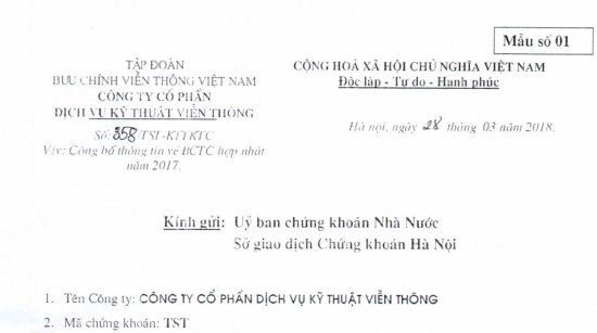 Công văn số 358/TST-KTTKTC ngày 28/03/2018 kèm theo BCTC hợp nhất năm 2017