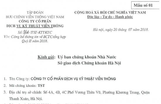 Công văn số 866/TST-KTTKTC ngày 20/7/2018 kèm theo BCTC tổng hợp quý 2/2018