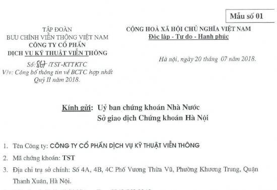 Công văn số 867/TST-KTTKTC ngày 20/7/2018 kèm theo BCTC hợp nhất quý 2/2018