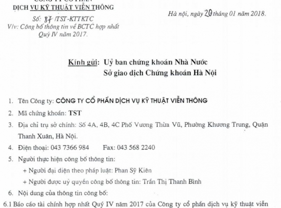 Công văn số 87/KTTKTC-TST ngày 20/01/2018 kèm theo BCTC hợp nhất quý 4 năm 2017