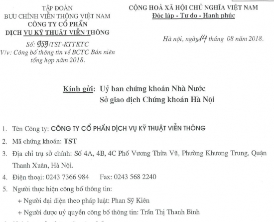 CV 959/TST-KTTKTC ngày 14/08/2018 kèm theo BCTC BN tổng hợp năm 2018