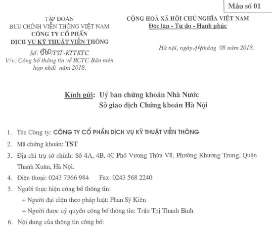 CV 960/TST-KTTKTC ngày 14/08/2018 kèm theo BCTC BN hợp nhất năm 2018