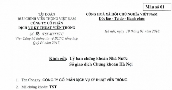 CV số 86/KTTKTC-TST ngày 19/01/2017 kèm theo BCTC tổng hợp quý 4/2017