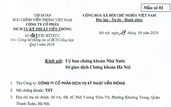 CV461/TST/KTTKTC ngày 19/04/2018 kèm theo BCTC tổng hợp Q1/2018