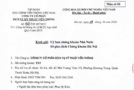 CV462/TST/KTTKTC ngày 19/04/2018 kèm theo BCTC hợp nhất Q1/2018