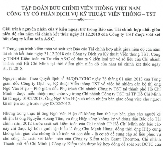 Giải trình nguyên nhân của ý kiến ngoại trừ trong BCTC hợp nhất giữa niên độ của năm tài chính kết thúc ngày 31/12/2018 của Công ty TST được soát xét bởi công ty kiểm toán A&C