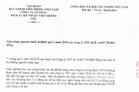 Giải trình nguyên nhân KQKD QI/2018 của Công ty TST bị lỗ