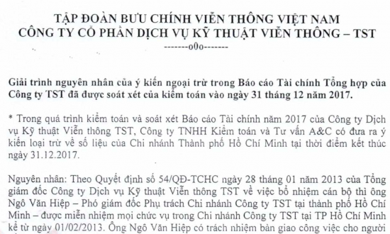 Giải trình NNCL của ý kiến ngoại trừ trong BCTC tổng hợp của Công ty TST đã được soát xét của kiểm toán vào ngày 31/12/2017