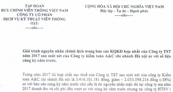 Giải trình NNCL trong báo cáo KQKD hợp nhất của Công ty TST năm 2017 sau soát xét của Công ty kiểm toán A&C chi nhánh Hà Nội so với số liệu cùng kỳ năm trước