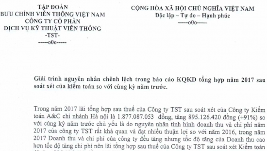 Giải trình NNCL trong báo cáo KQKD tổng hợp năm 2017 sau soát xét của kiểm toán so với cùng kỳ năm trước