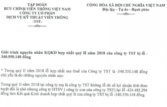 Giải trình NNCL trong kết quả kinh doanh hợp nhất quý 2/2018 của Công ty TST bị lỗ