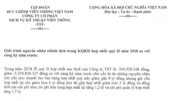 Giải trình NNCL trong kết quả kinh doanh hợp nhất quý 2/2018 so với cùng kỳ năm trước