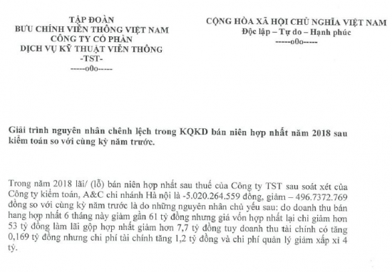 Giải trình NNCL trong KQKD bán niên hợp nhất năm 2018 sau kiểm toán so với cùng kỳ năm trước