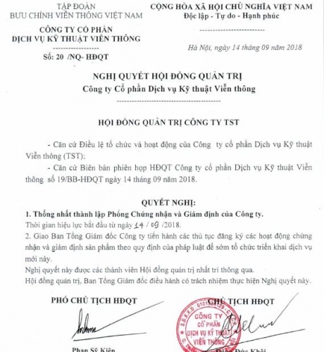 Nghị quyết Hội đồng quản trị ngày 14/09/2018 v/v thành lập Phòng Chứng nhận và Giám định