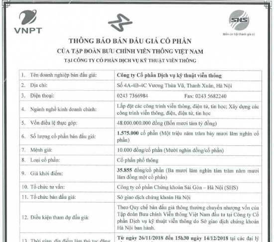Thông báo bán đấu giá cổ phần của tập đoàn VNPT tại Công ty TST