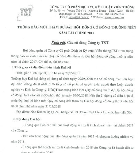 Thông báo mời tham dự Đại hội đồng cổ đông thường niên năm tài chính 2017 (kèm theo giấy đăng ký và giấy ủy quyền)